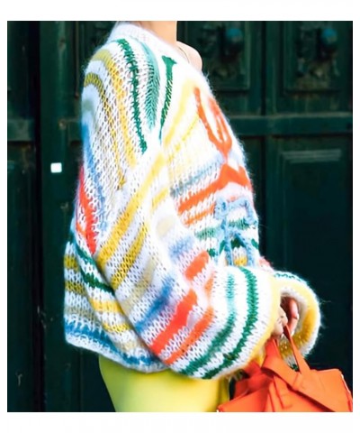 Women'S Trendy Rainbow Striped Fluffy Sweater Batwing Lantern Sleeves Knit Thin Pullover Ultra Lightweight Top Rainbow $17.64...