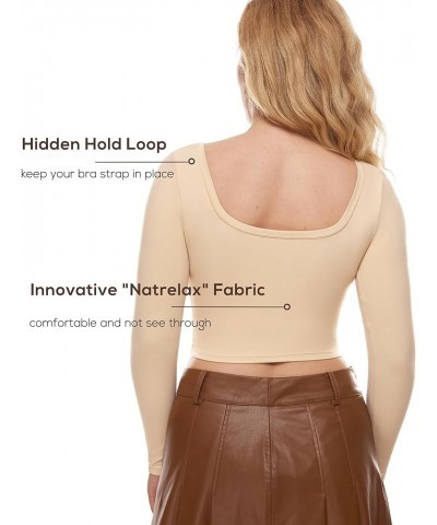 Women's Natrelax Square Neck Long Sleeve Crop Top Sexy Slim Fitted Basic Stretchy T Shirts Tops Tan Milkshake $19.60 T-Shirts