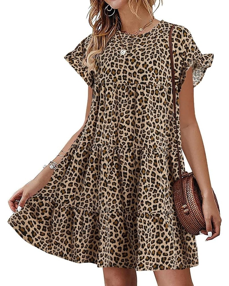 Womens Ruffles Boho Floral Printed Babydoll Loose Swing Casual Short Mini T-Shirt Dress Leopard $19.10 Dresses