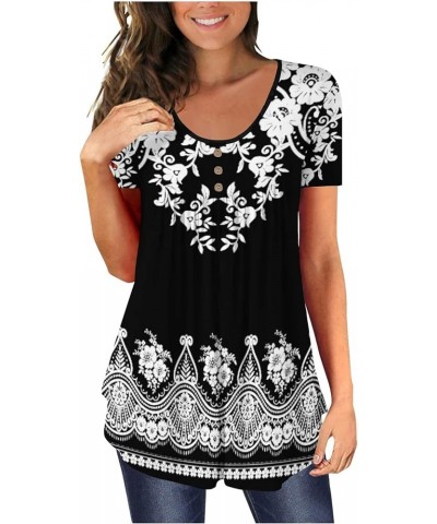 T Shirts for Women Dressy Button Down Tunic Tops Floral Print Short Sleeve Blouses Henley V Neck Summer Cute Clothes Ak504-bl...