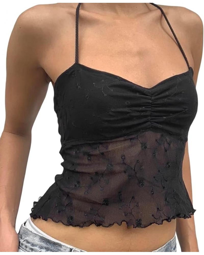 Women Sexy Lace Trim Cami Top Y2k Spaghetti Strap Backless Sheer Mesh Tank Tops E-Girl Aesthetic Going Out Crop Tops E-black ...