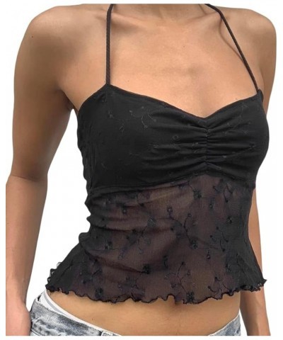 Women Sexy Lace Trim Cami Top Y2k Spaghetti Strap Backless Sheer Mesh Tank Tops E-Girl Aesthetic Going Out Crop Tops E-black ...