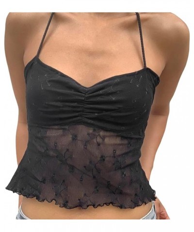 Women Sexy Lace Trim Cami Top Y2k Spaghetti Strap Backless Sheer Mesh Tank Tops E-Girl Aesthetic Going Out Crop Tops E-black ...