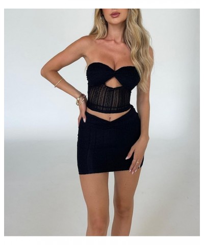 Women Y2K 2 Piece Outfits Set Sexy Summer Crop Tube Top Bodycon Aline Mini Skirts 2Pcs Skirt Outfits Clubwear Chic Black $9.8...