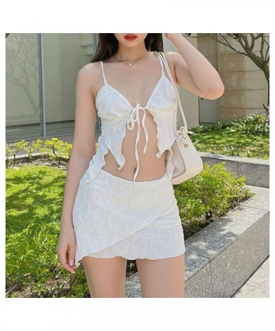 Women Lace Mesh 2 Piece Skirt Set Y2k See Through Crop Top Bodycon Mini Skirt Sets Sexy Fairy Going Out Wear M-4 Tie Up White...