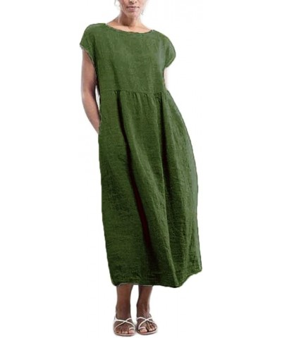 Women's Flowy Cotton Linen Dress Summer Beach Casual Loose Sleeveless Crewneck Baggy Long Dress with Pockets Dark Green 11 $1...