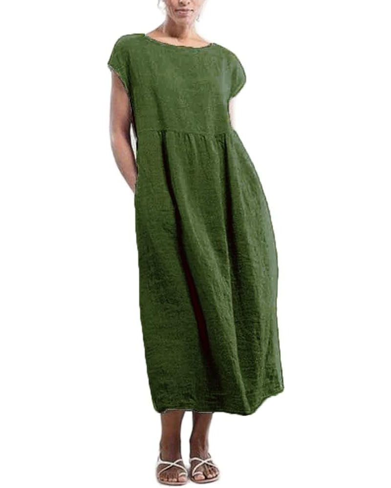 Women's Flowy Cotton Linen Dress Summer Beach Casual Loose Sleeveless Crewneck Baggy Long Dress with Pockets Dark Green 11 $1...