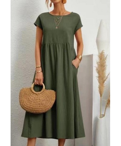 Women's Flowy Cotton Linen Dress Summer Beach Casual Loose Sleeveless Crewneck Baggy Long Dress with Pockets Dark Green 11 $1...