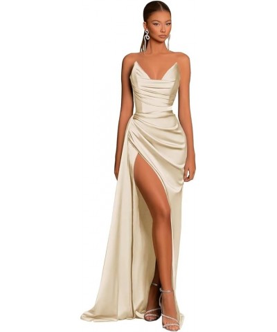 Satin Strapless V-Neck Long Prom Dress Tight Ruched Formal Party Dress Champagne $26.40 Dresses