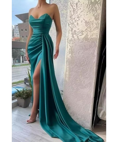 Satin Strapless V-Neck Long Prom Dress Tight Ruched Formal Party Dress Champagne $26.40 Dresses