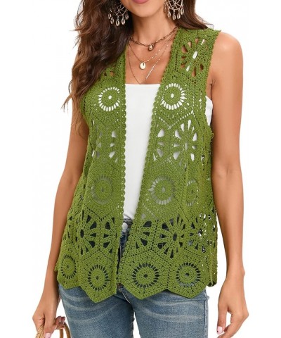 Women's Crochet Vest Sleeveless Boho Lace Cardigan Geometry Olive $15.98 Vests