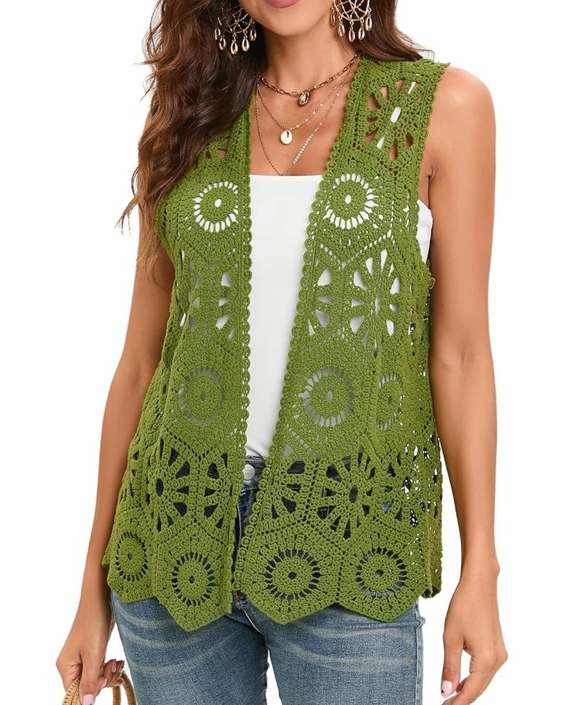 Women's Crochet Vest Sleeveless Boho Lace Cardigan Geometry Olive $15.98 Vests