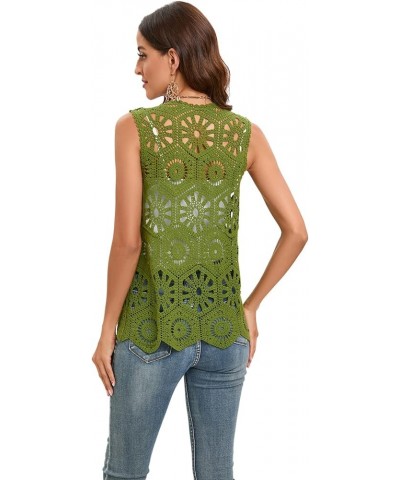 Women's Crochet Vest Sleeveless Boho Lace Cardigan Geometry Olive $15.98 Vests