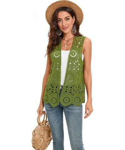 Women's Crochet Vest Sleeveless Boho Lace Cardigan Geometry Olive $15.98 Vests