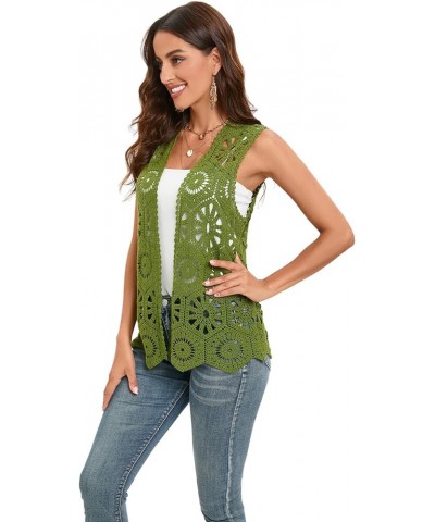 Women's Crochet Vest Sleeveless Boho Lace Cardigan Geometry Olive $15.98 Vests