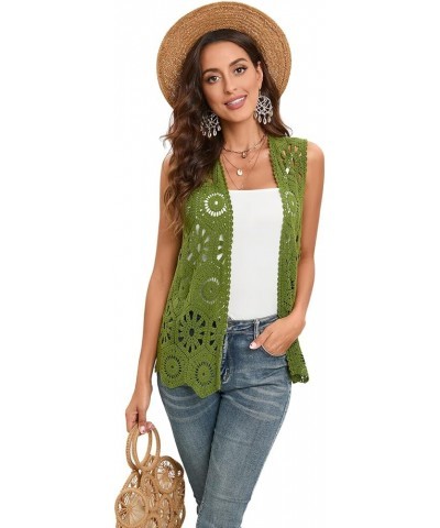 Women's Crochet Vest Sleeveless Boho Lace Cardigan Geometry Olive $15.98 Vests