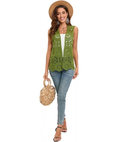 Women's Crochet Vest Sleeveless Boho Lace Cardigan Geometry Olive $15.98 Vests