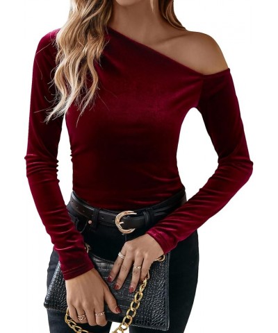 Women's Asymmetrical Neck Long Sleeve Slim Fit Party Velvet Tee Top A Red $14.19 T-Shirts