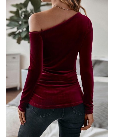 Women's Asymmetrical Neck Long Sleeve Slim Fit Party Velvet Tee Top A Red $14.19 T-Shirts