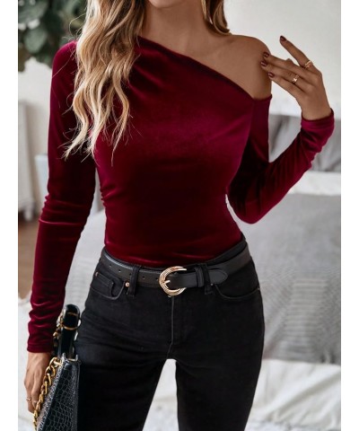 Women's Asymmetrical Neck Long Sleeve Slim Fit Party Velvet Tee Top A Red $14.19 T-Shirts