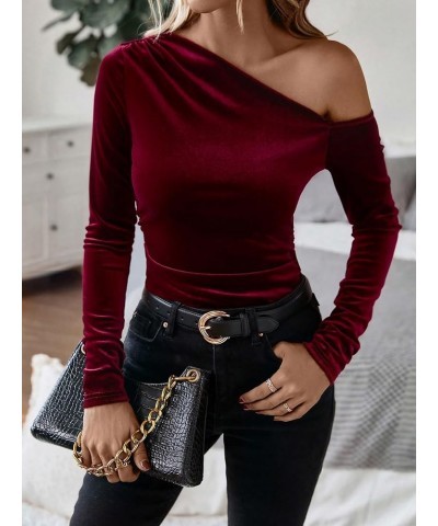 Women's Asymmetrical Neck Long Sleeve Slim Fit Party Velvet Tee Top A Red $14.19 T-Shirts