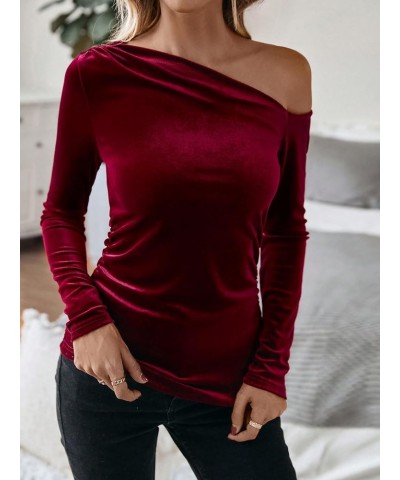 Women's Asymmetrical Neck Long Sleeve Slim Fit Party Velvet Tee Top A Red $14.19 T-Shirts