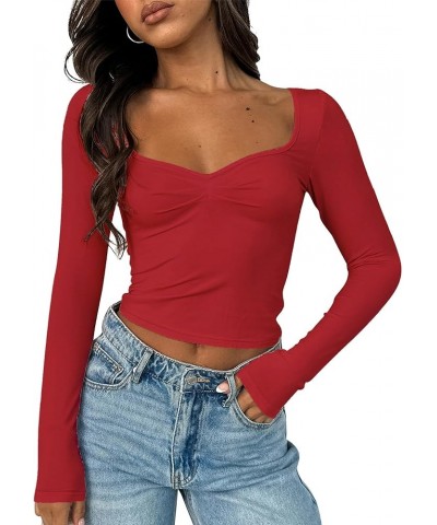 Women's Sexy Long Sleeve Going Out Tops Pleated Bustier Shirt Cute Sweetheart Neck Y2K Cropped Top Red $16.23 Tops