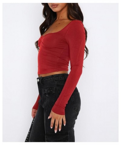 Women's Sexy Long Sleeve Going Out Tops Pleated Bustier Shirt Cute Sweetheart Neck Y2K Cropped Top Red $16.23 Tops