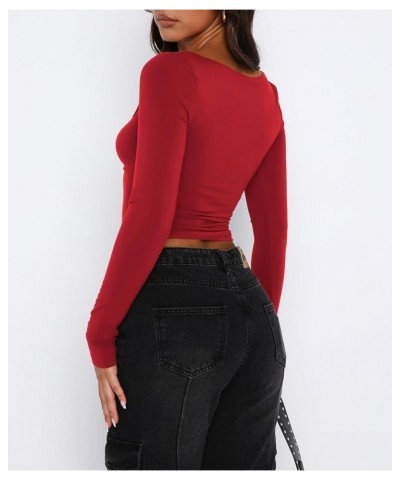 Women's Sexy Long Sleeve Going Out Tops Pleated Bustier Shirt Cute Sweetheart Neck Y2K Cropped Top Red $16.23 Tops