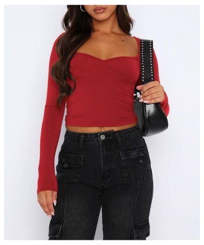 Women's Sexy Long Sleeve Going Out Tops Pleated Bustier Shirt Cute Sweetheart Neck Y2K Cropped Top Red $16.23 Tops