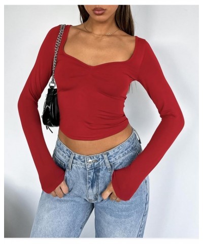 Women's Sexy Long Sleeve Going Out Tops Pleated Bustier Shirt Cute Sweetheart Neck Y2K Cropped Top Red $16.23 Tops