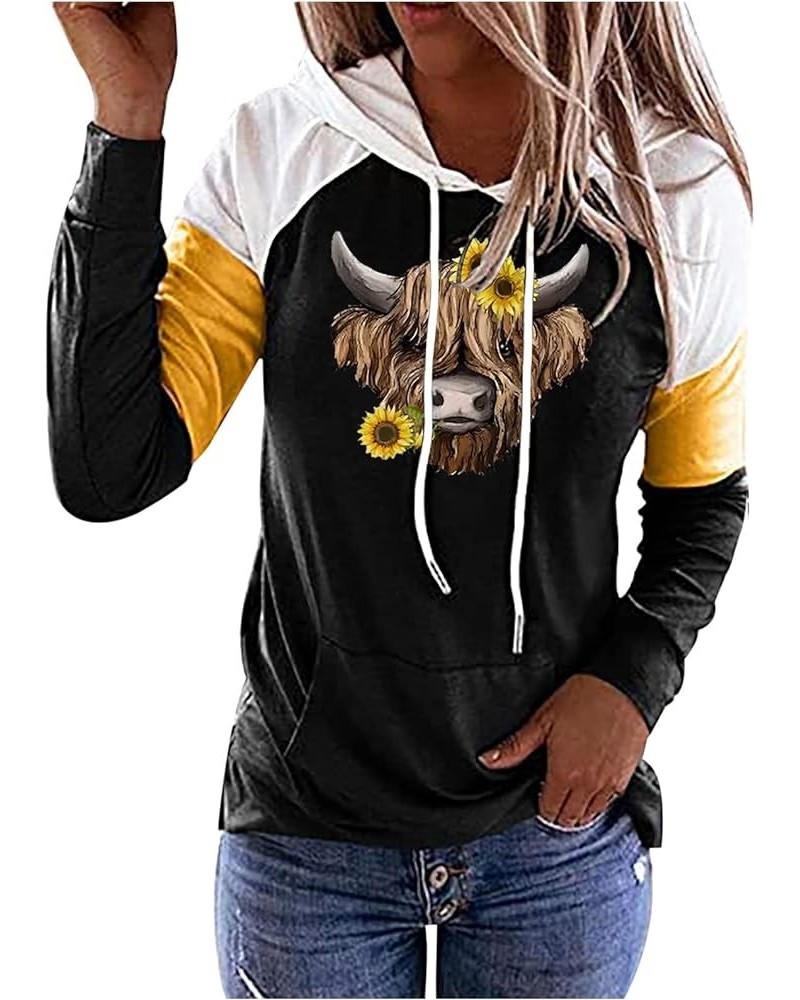 Women's Casual Color Block Hoodies Bull's Head Sunflower Graphic Drawstring Long Sleeve Hooded Pullover Kangaroo Pocket White...