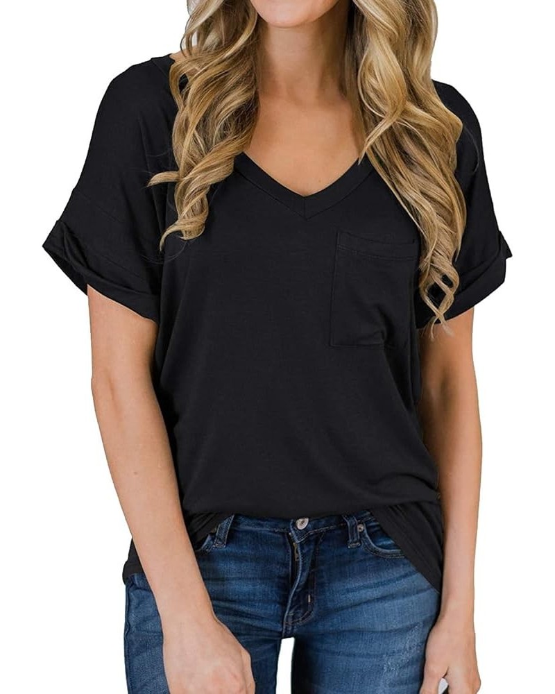 Women's Short Sleeve Basic T-Shirts Summer Casual Loose V Neck Tunic Blouse Tops Black $7.55 Tops