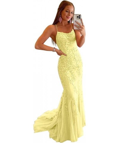 Mermaid Prom Dresses for Women Lace Appliques Tulle Tight Sexy Backless Evening Gowns 2024 Yello $34.02 Dresses