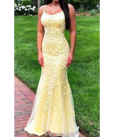 Mermaid Prom Dresses for Women Lace Appliques Tulle Tight Sexy Backless Evening Gowns 2024 Yello $34.02 Dresses