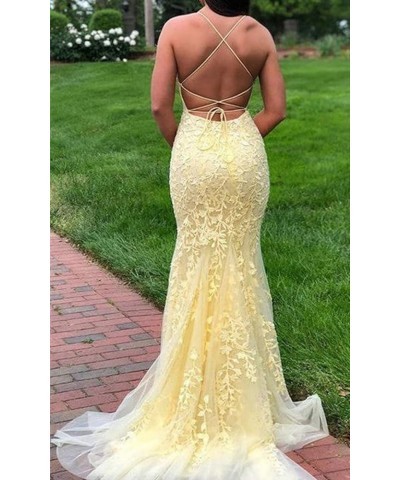 Mermaid Prom Dresses for Women Lace Appliques Tulle Tight Sexy Backless Evening Gowns 2024 Yello $34.02 Dresses