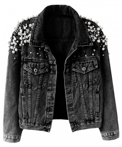 Women's Pearls Beading Denim Jackets Loose Embroidered Short Jean Coat Outerwear Black $30.50 Jackets