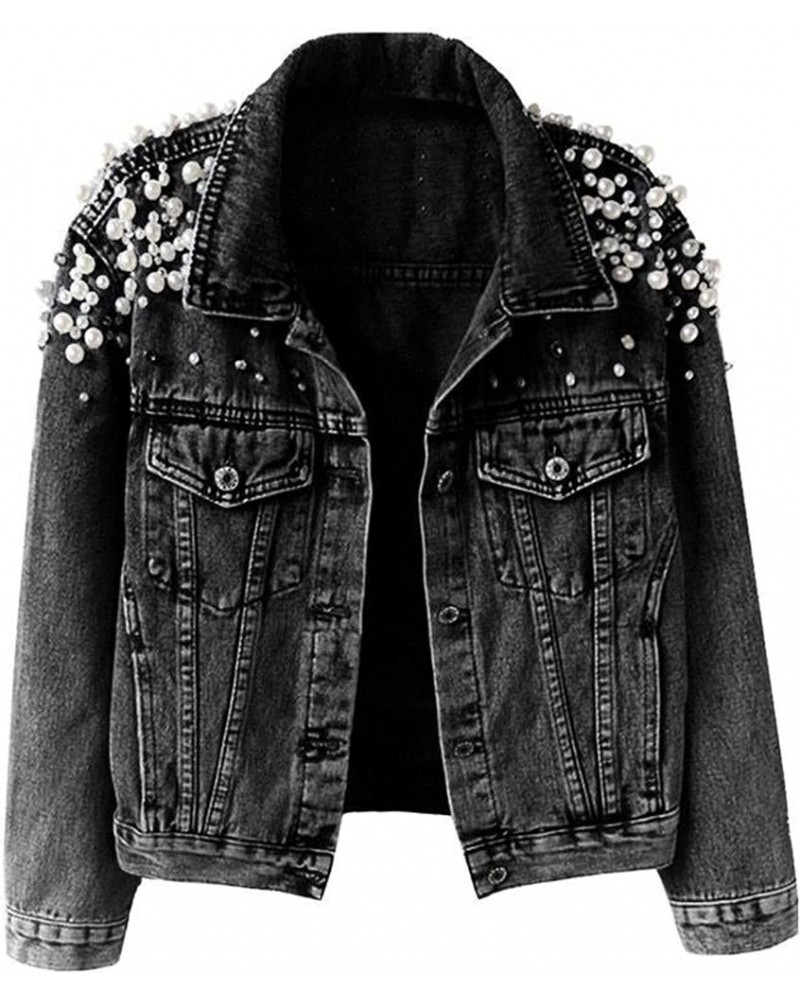 Women's Pearls Beading Denim Jackets Loose Embroidered Short Jean Coat Outerwear Black $30.50 Jackets