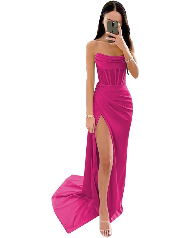 Strapless Prom Dresses Long Silk Mermaid Ruched Satin Bridesmaid Dress Corset Formal Evening Party Dress with Slit Hot Pink $...