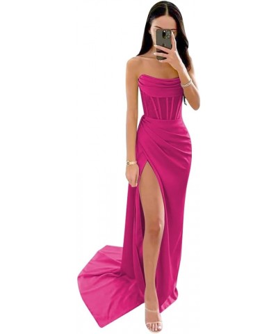 Strapless Prom Dresses Long Silk Mermaid Ruched Satin Bridesmaid Dress Corset Formal Evening Party Dress with Slit Hot Pink $...