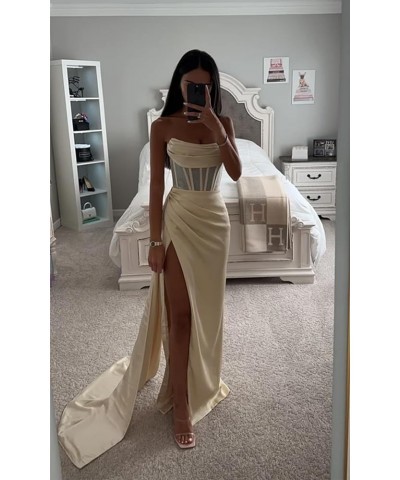 Strapless Prom Dresses Long Silk Mermaid Ruched Satin Bridesmaid Dress Corset Formal Evening Party Dress with Slit Hot Pink $...