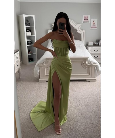 Strapless Prom Dresses Long Silk Mermaid Ruched Satin Bridesmaid Dress Corset Formal Evening Party Dress with Slit Hot Pink $...