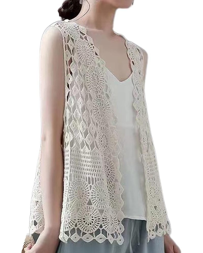 Women Hippie Boho Crochet Sleeveless Vest Open Front Lace Cardigan Geometric Circle Beach Cover Up Waistcoat Beige $11.24 Vests