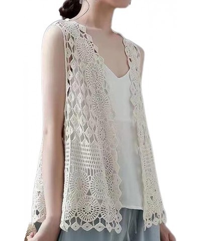 Women Hippie Boho Crochet Sleeveless Vest Open Front Lace Cardigan Geometric Circle Beach Cover Up Waistcoat Beige $11.24 Vests