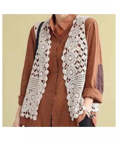 Women Hippie Boho Crochet Sleeveless Vest Open Front Lace Cardigan Geometric Circle Beach Cover Up Waistcoat Beige $11.24 Vests