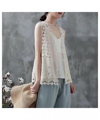 Women Hippie Boho Crochet Sleeveless Vest Open Front Lace Cardigan Geometric Circle Beach Cover Up Waistcoat Beige $11.24 Vests