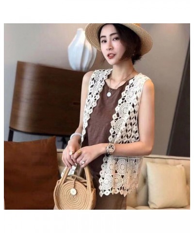 Women Hippie Boho Crochet Sleeveless Vest Open Front Lace Cardigan Geometric Circle Beach Cover Up Waistcoat Beige $11.24 Vests