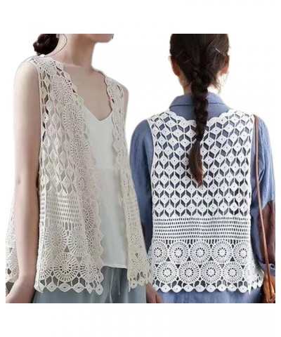 Women Hippie Boho Crochet Sleeveless Vest Open Front Lace Cardigan Geometric Circle Beach Cover Up Waistcoat Beige $11.24 Vests