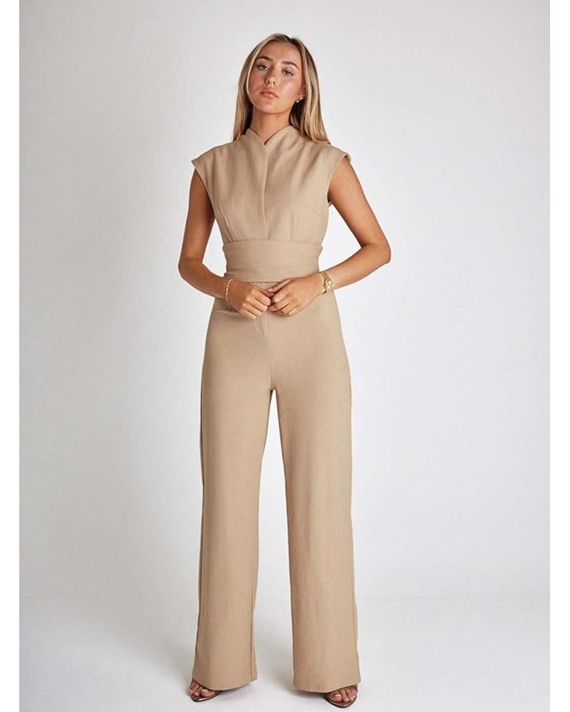 Casual V Neck Overall Jumpsuit Women Spring Solid Tie-up Bow Outfit Romper Summer Sleeveless Straight Pants Playsuit (Color :...