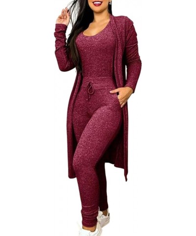 Women Jumpsuit Coat Set 2-piece Casual Suit Sporty Style with High Waist U Neck Tank Top Mid-length Jacket Slim Pencil Wine R...